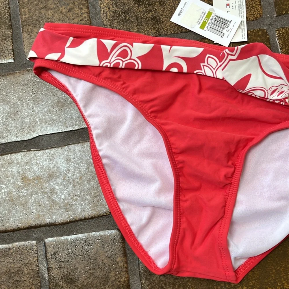 NWT Tommy Hilfiger Red Floral Belted Retro Hipster Swim Bottoms